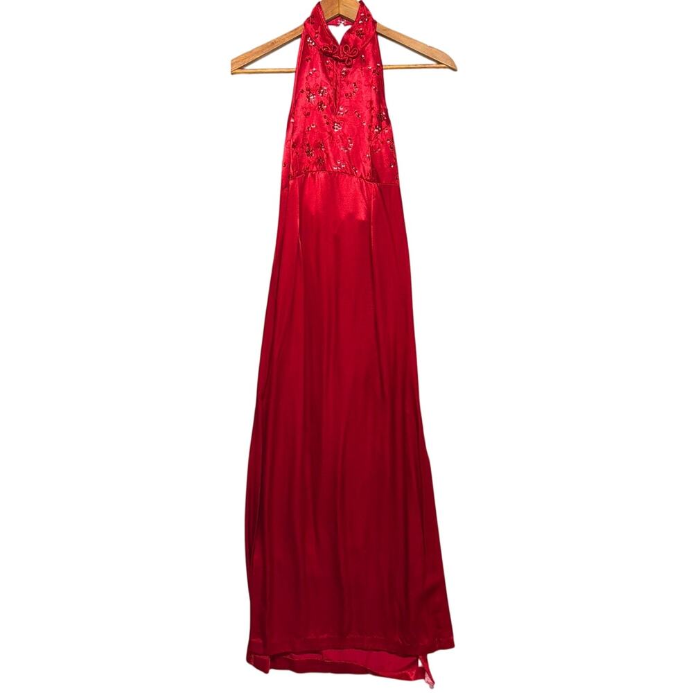 Zum Zum Vintage Red Silk Beaded Sleeveless Halter Formal Prom Dress Women 5/6